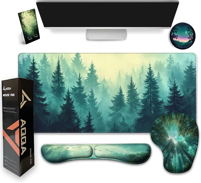 AQQA Desk Pad and Keyboard Wrist RestLarge Mouse Pad + Keyboard Pad+Mouse Wrist Support+Coaster +Mobile Phone Holder Non-Slip Desk Mat Protector for Office Home(31.5×15.7 InchesForest Tree)