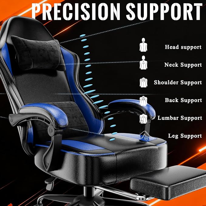 Gaming Chair with Pocket Spring Cushion and Footrest Ergonomic Computer Chair for Adults Breathable PU Leather Game Chair Adjustable Headrest and Lumbar Support Office Desk Chair
