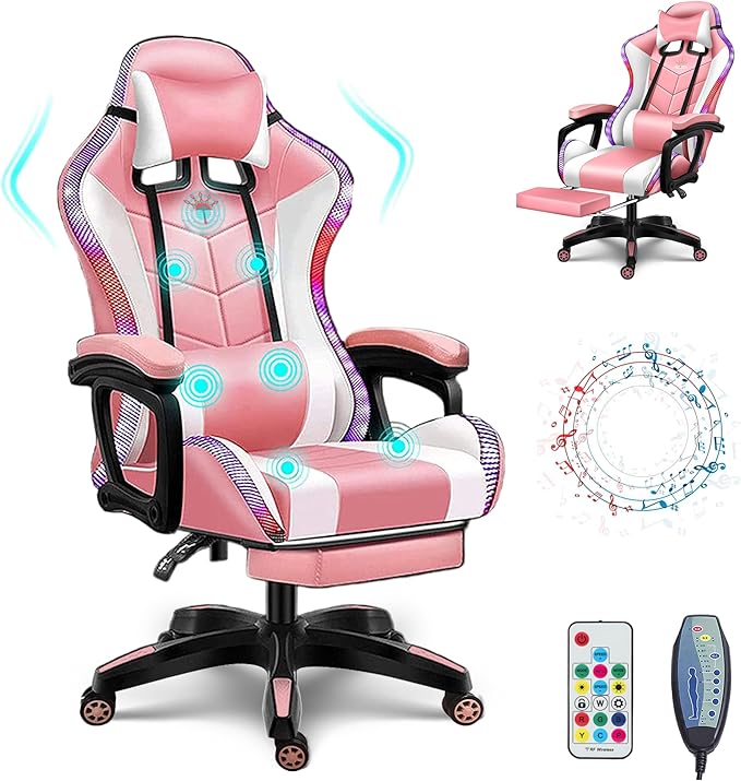 Video Gaming Chairs with LED Light Bluetooth Speakers Computer Chair with Full Massage Lumbar Support Ergonomic Pro Gaming Chair for Retractible Footrest and Backrest AdjustablePink
