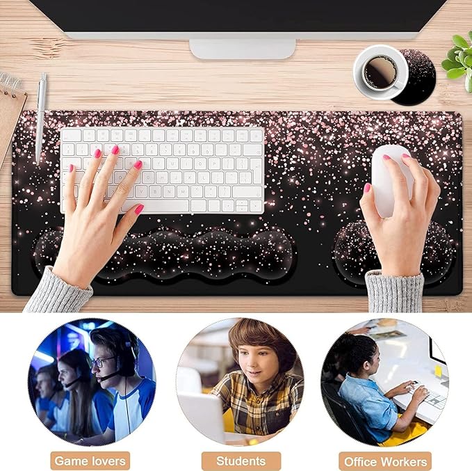 Large Gaming Mouse Pad (31.5x11.8 in) Rubber Base XXL Mousepad with Stitched Edges Ergonomic Keyboard Wrist Rest Extended Mouse Mat Desk Pad for Work Game Office Rose Gold Glitter Black Mousepad