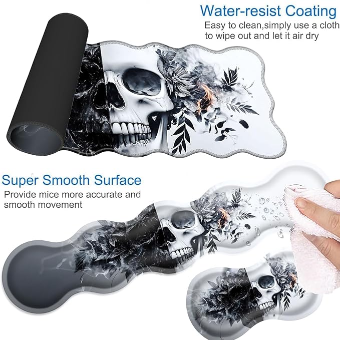 Desk Mat Mouse Pad with Wrist Rest 4-in-1 Large Mouse Pads for Desk Ergonomic Mouse Pad and Keyboard Wrist Rest Gaming Keyboard Mat for OfficeFunny Skull