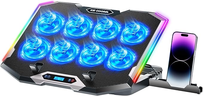 ICE COOREL Gaming Laptop Cooling Pad with 8 Cooling Fans Laptop Fan Cooler Pad for 15-17.3 Inch Notebook Cooler Stand with 6 Height Adjustable RGB Cooling Pad with Two USB Port + Phone Stand
