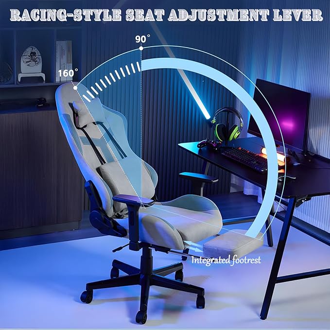 Ergonomic Gaming Chair with footrest.High Back Reclining Computer Gamer Chair for Adultwith Pocket Spring Cushion-Adjustable 160-degree ReclineRacing Style PC Video Game ChairGray