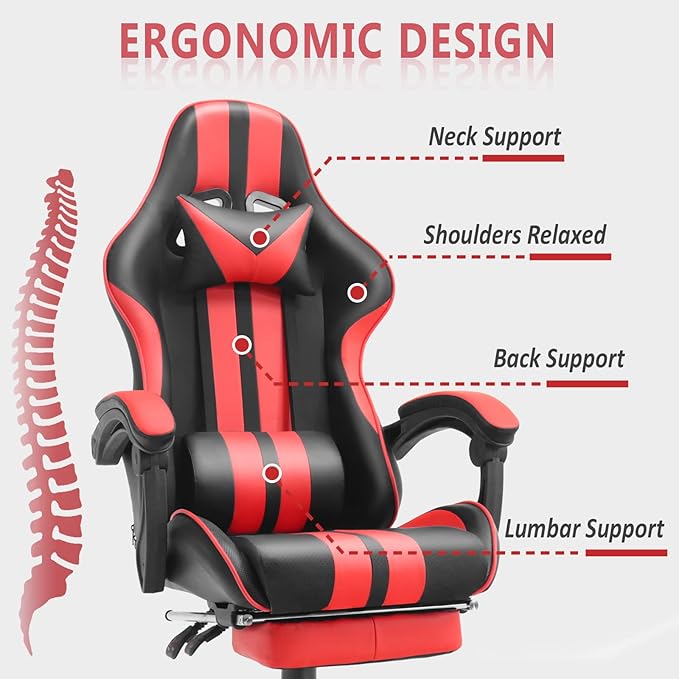 Ferghana Gaming Chairs Red with FootrestErgonomic Racing Style PC Game Computer Chair with Headrest Lumbar Support Adjustable Recliner PU Leather Video Computer Chair(Red)