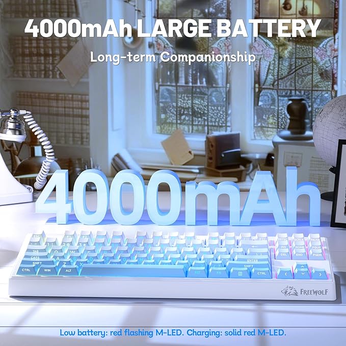 M87V2 87 Keys Membrane Gaming Wireless Keyboard80% TKL Layout Side Printed Keys Retro Cute CreamyRGB Backlit 4000mAh 2.4G/BT/Wired Computer Silent Keyboard for MAC PC- Gradient Blue