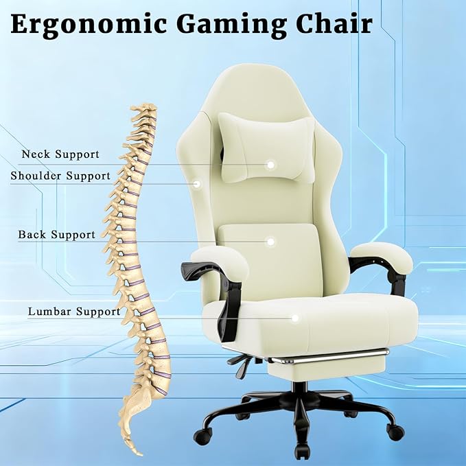 Ergonomic Gaming Chair Video Game Chair with Massage Lumbar Support and Footrest Height Adjustable Fabric Computer Chair with Pocket Spring Cushion (White)