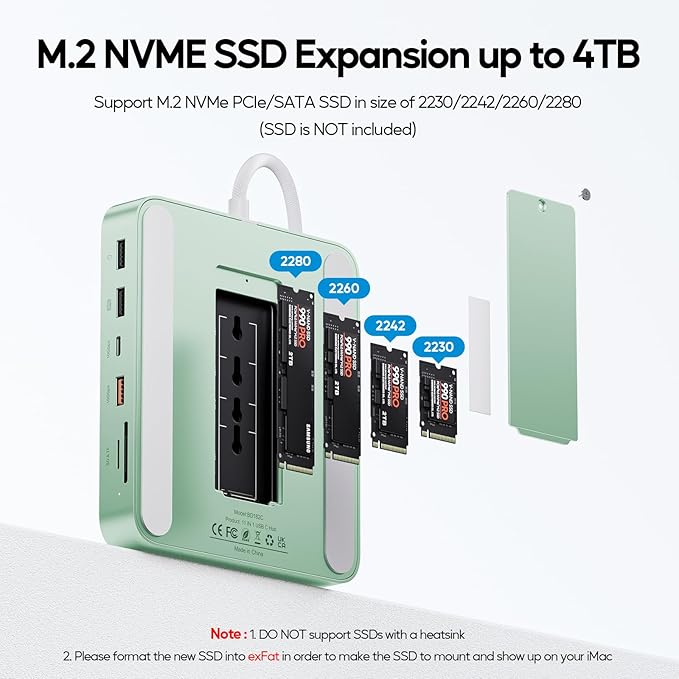 Upgraded 11 in 1 USB C Hub for iMac 24 inch USB Hub 2021 2023 2024 Support M.2 SSD (NOT Included) iMac Hub M1 M3 M4 Accessories 4K HDMI 2.5G Ethernet 5 USB A/C Max 10Gbps SD/TF - Green