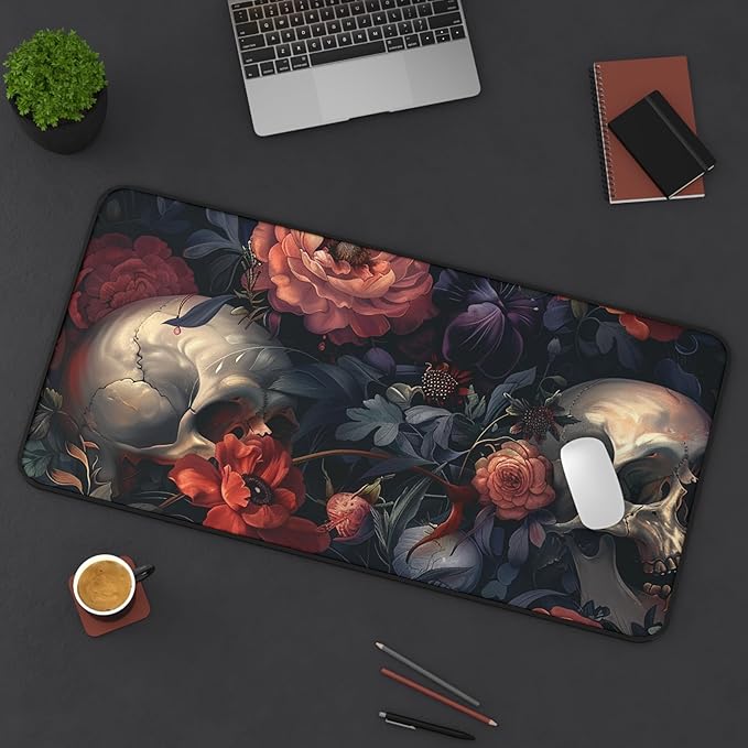 Gothic Skull Gaming Mouse Pad Dark Romantic Floral Skull Design Gothic Baroque Extended Large Mousepad for Desk