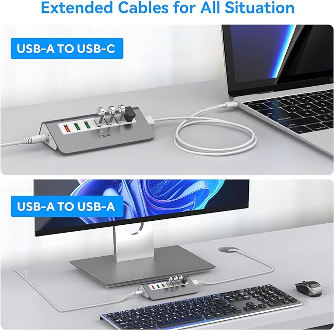 Powered USB Hub 10Gbps 7 Port USB 3.2 Gen 2 Hub with 4 USB 3.2 Data Ports 3 Fast Charging Ports 36W Power Adapter Type A and Type C Cable Aluminum USB Data Hub for Mac PC Laptop