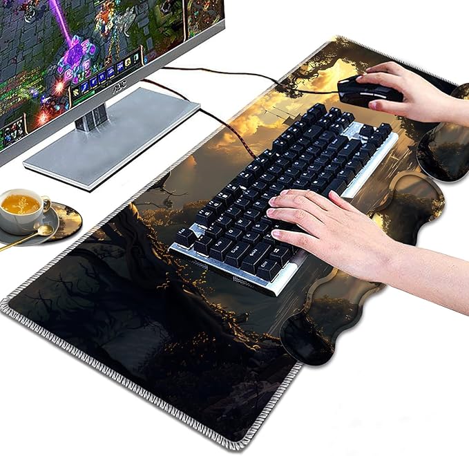 Large Gaming Mouse Pad Keyboard Wrist Rest Pad + Mouse Wrist Pad + Coaster 4 in 1 Set Extended Waterproof Non-Slip Desk Mat Suitable for Office Home Learning Games Pirate Ship