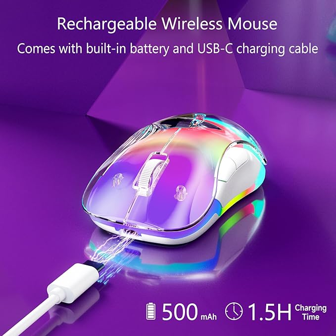 memzuoix 2.4G Wireless Mouse with Customizable Cover &amp 9-Color LED - Rechargeable Ergonomic 1400 DPI 5 Buttons USB Receiver for PC/Mac - Purple