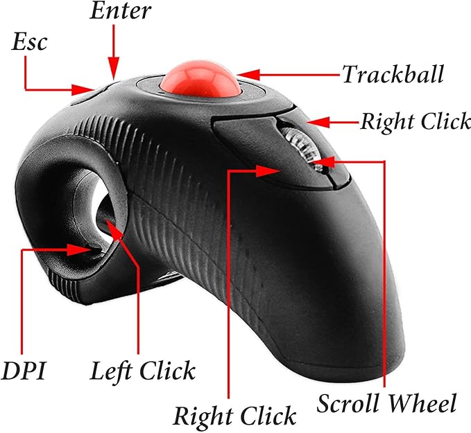 EIGIIS 2.4G Ergonomic Trackball Finger Handheld USB Wireless Mouse for PC Laptop Mac Left and Right Handed User (Black Wireless Red TrackBall)