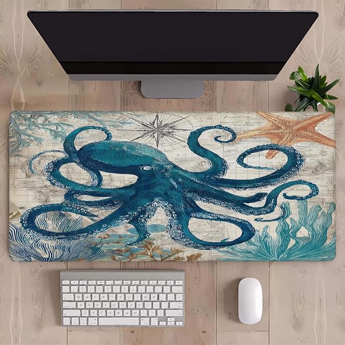 Large Octopus Ocean Vintage Mouse Mat Computer Mousepad with Non-Slip Rubber Base Waterproof Mouse Pad Desktop Keyboard Pad for GamerHome School Laptop Office Accessories16x35.5in