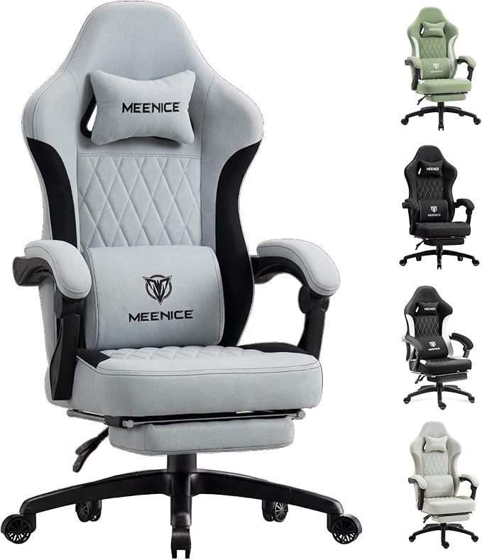 Gaming Chair Fabric with Pocket Spring Custion Ergonomic High Back Video Game Chair with Footrest Massage Lumbar Support Height Adjustable Comfy Computer Chair for Adults Game Office Gray