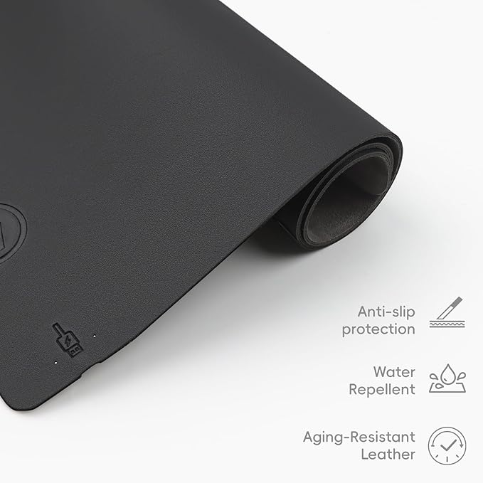 Mouse Pad with Wireless Charging PU Leather Fast Charging Gaming Mouse Pad Waterproof Anti-Slip Surface Easy Clean Office Table Mat 32L x 16W x 0.15H inches Black(Right Side Charging Port)