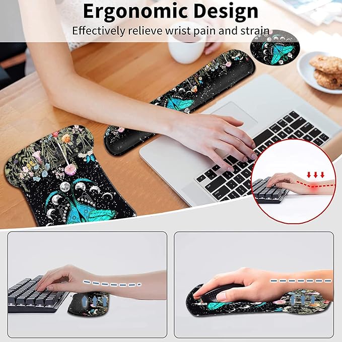 Keyboard Wrist Rest and Mouse Pad with Wrist Support Ergonomic Gel Mouse Padfor Easy Typing Pain Relief Memory Foam Keyboard Wrist RestMoth Moon Phase Witchy Black Mousepads Desktop Accessories