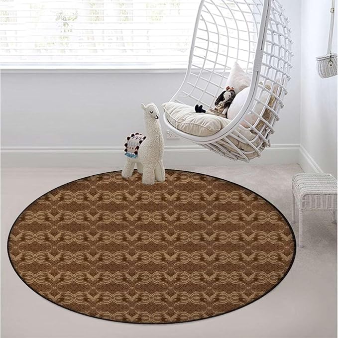 Brown Tan Round Floor Mats for Office Chair Under Computer Desk Floor Protector for Rolling Chairs Non Slip Anti Scratches Eastern Culture Ornamental Floral Design Diameter 51 in