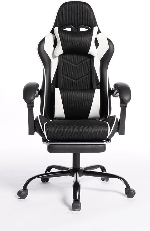 Gaming Chair with Headrest and Lumbar Support High Back Leather Computer Office Desk Chair with Footrest 360° Swivel Height Adjustable Recliner Game Chair (Black White)