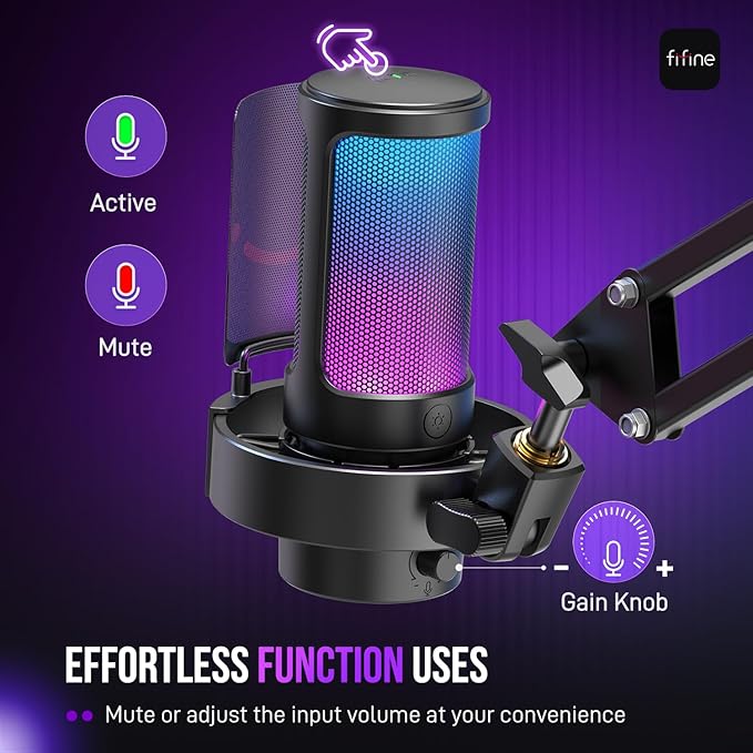 FIFINE USB Gaming Microphone Kit PC Streaming Mic with RGB Lights Mute Gain Knob Metal Boom Arm for Recording Podcast Condenser Computer Microphone Set Compatible with PS4/PS5-AmpliGame A8T
