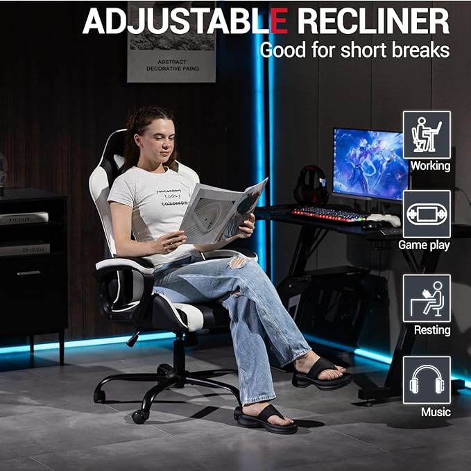 Gaming Chair PU Leather Massage PC Video Game Chair with Lumbar Support for Men Women Home Office Height Adjustable Ergonomic High Back White