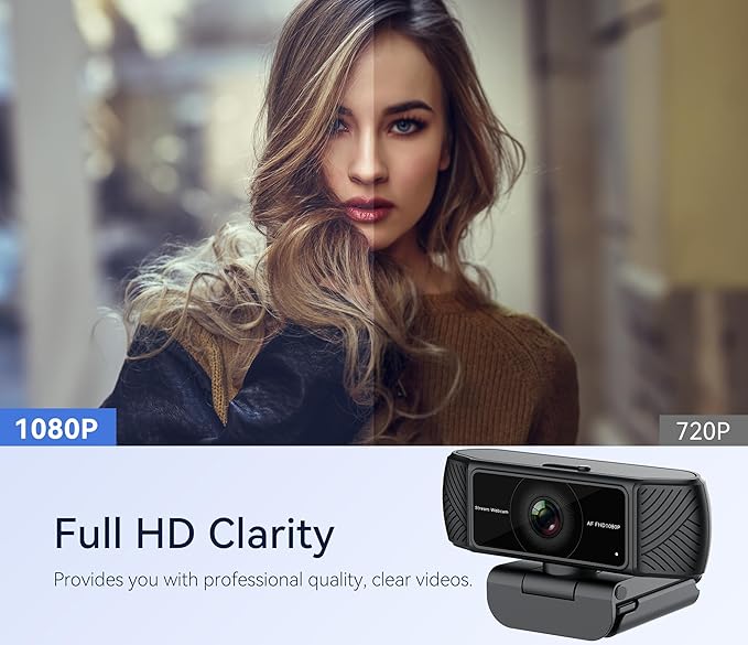 Streaming Webcam for PC - 1080P HD Webcam with Microphone Privacy Cover AutoFocus Noise Cancellation Auto Light Correction USB Computer Web Camera Plug and Play for Laptop Desktop Mac
