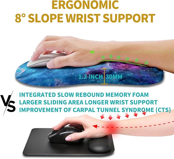 Hokafenle Ergonomic Mouse Pad Wrist Support Wrist Rest Mousepad for Carpal Tunnel Pain Relief with Integrated Memory Foam Slope Massage Bulge (11.8x7.9 inchGalaxy Nebula Space
