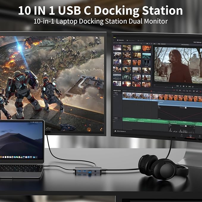 Docking Station Dual Monitor 10-in-1 USB C Hub with Dual 4K HDMI VGA 100W PD 1 x USB 3.0 2 x USB 2.0 SD/TF Card Reader 3.5mm Audio Ideal for HP/Dell/Lenovo/Mac Laptops