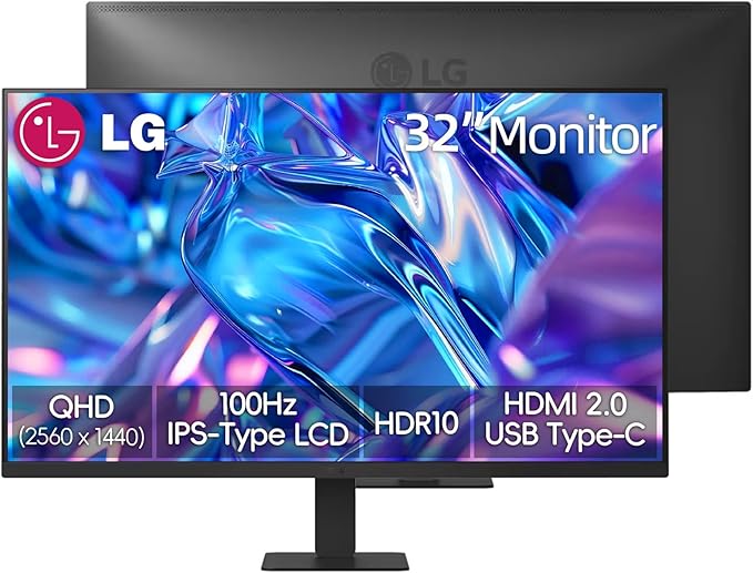 LG 32 QHD (2560 x 1440) IPS Computer Monitor 100Hz 5ms HDR10 99% sRGB Dynamic Action Sync Contrast Ratio 1000:1 Reader Mode Flicker Safe HDMI USB Type-C Tilt Adjustment Black