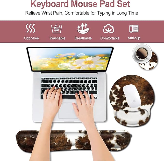 Keyboard Wrist Rest and Mouse Pad with Wrist Support Ergonomic Desk Pad Memory Foam Keyboard Wrist Rest Cute Cow Cowhide Desktop DecorationSuitable for Office Typing Games for Men and Women