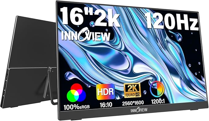 InnoView 16 Portable Monitor 120Hz 2.5K QHD 2160x1600 100% sRGB Laptop Screen Extender | 2 x Type-C &amp HDMI Portable Monitor for Macbook/Switch/PS5/Xbox(Adapter Excluded)