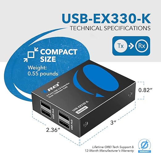 OREI USB Over Ethernet Extender Upto 330 Feet - Extends USB 2.0 Signals Over LAN Ethernet with 2 Ports - Power Over Cable Long Distance Extension &amp Support for all Operating Systems (USB-EX330-K)