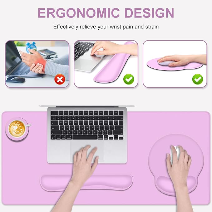 4 PCS Mouse Pad Desk Mat Protector Keyboard Wrist Rest + Comfortable Mouse Pad with Wrist Rest +Coaster Large Gaming Mousepad for Computer Laptop 35.4 X 15.7 XXL Deskpad for Office Home I Lilac