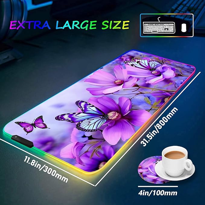 RGB Gaming Mouse Pad and Coffee Coaster XXL Large Glowing LED Mousepad Anti-Slip Rubber Base Computer Keyboard Desk Mouse Mat 31.5 X 11.8 Inch - Purple Flowers and Butterfly