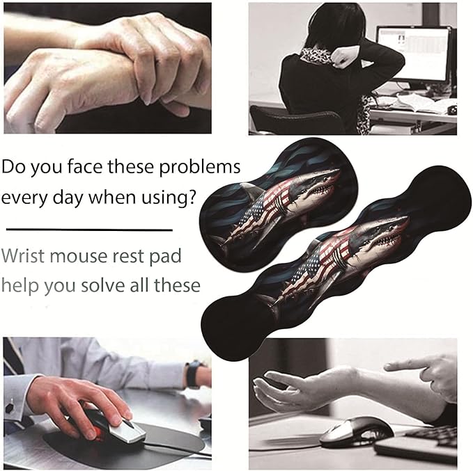 Large Gaming Table Pad 31.5 x 11.8 + Keyboard Wrist Pad + Mouse Wrist Pad + Coaster Non-Slip Base 4-in-1 Set Ergonomic Memory Foam Easy Typing Pain Relief American Flag Shark