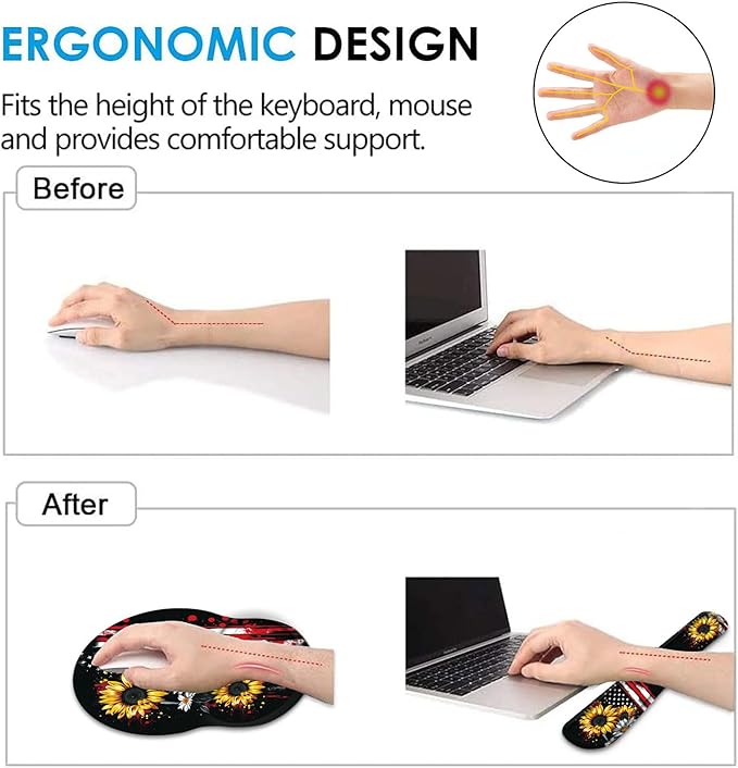 Keyboard Wrist Rest and Mouse Pad Wrist Support Set with CoasterComfortable for Easy TypingPain ReliefMemory Foam Keyboard Pad Set for Laptop MacAmerican Flag Sunflower