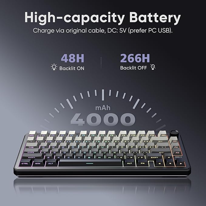 RedThunder K75 Wireless Mechanical Gaming Keyboard 75% Hot Swappable Creamy Keyboard with Knob RGB Backlit Pre-lubed Linear Switches Side Engraved PBT Keycaps Wireless/Wired/BT5.0 Gradient Gray