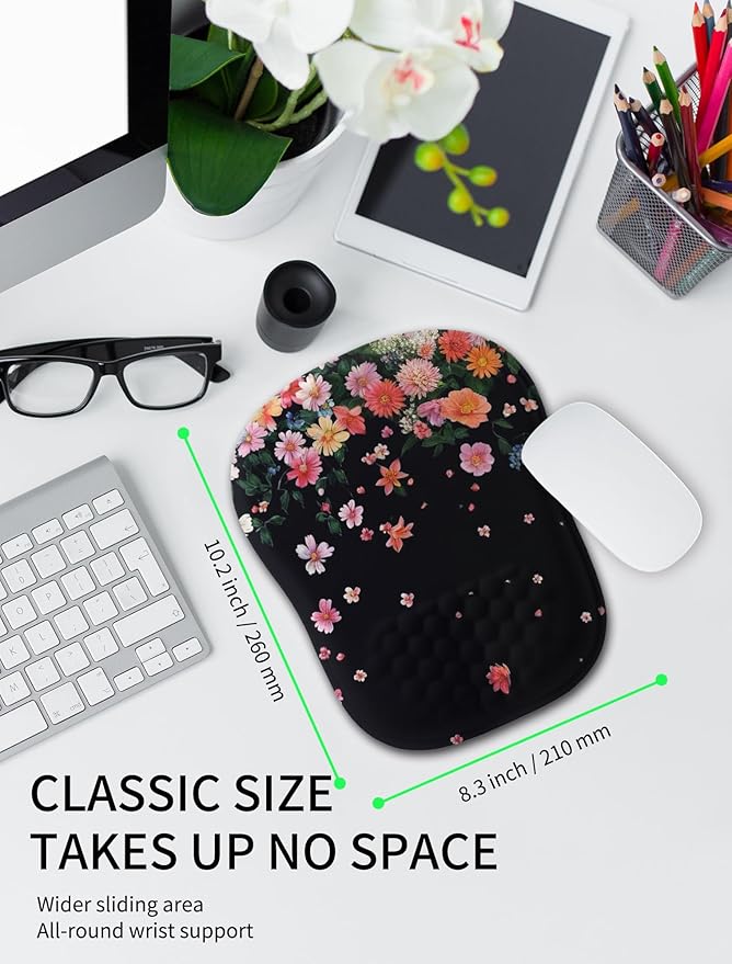 Hokafenle Ergonomic Wrist-Hugging Mouse Pad Wrist Support U-Shaped Holding Wrist Rest Mousepad for Carpal Tunnel Pain Relief with Cushioned Memory Foam Slope Massage Bulge (10.2x8.3 inFall Flower)