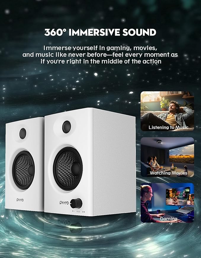 OHAYO 60W Computer Speakers for Gaming and Music Active Bluetooth 5.3 Stereo 2.0 Speakers for Desktop PC Monitor or Laptop Surround Sound Speaker 3.5 mm Aux RCA Input USB-Powered 1 Pair White
