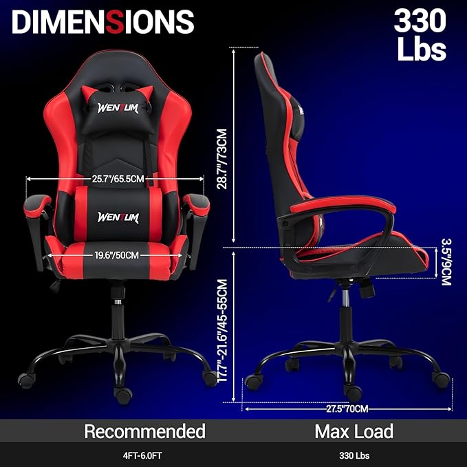 Gaming Chair PU Leather Massage PC Video Game Chair with Lumbar Support for Men Women Home Office Height Adjustable Ergonomic High Back Red