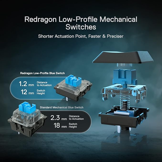 Redragon K618 PRO 3-Mode Wireless RGB Mechanical Keyboard BT/2.4Ghz/Wired Low Profile Win/Mac Gaming Keyboard w/Ultra-Thin Design Dedicated Media Control &amp Tactile Blue Switch