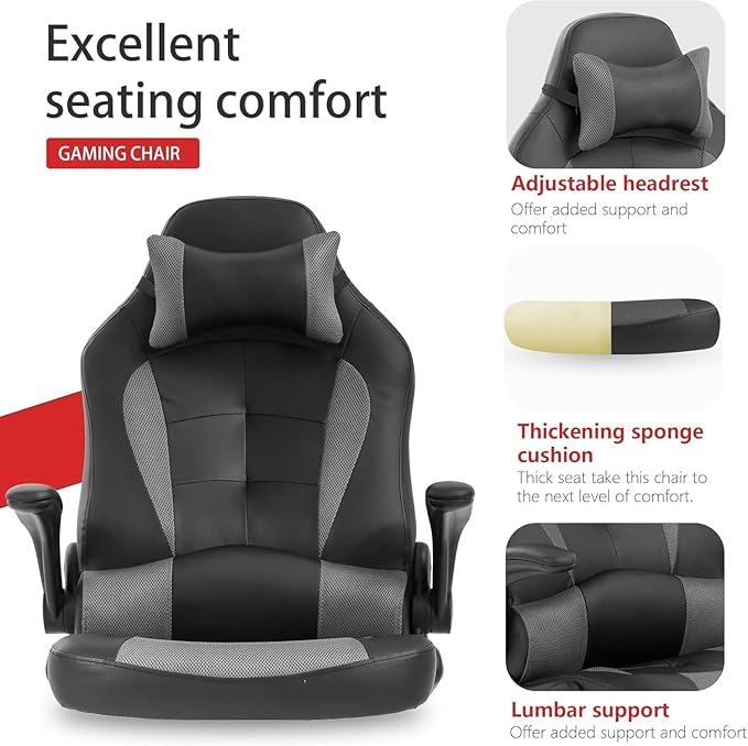 Gaming Chair High Back Computer Chair Egonomic Office Chair PU Leather Video Game Chairs Swivel Executive Chairwith Flip Up Arm Headrest Racing Chairs Rolling Chair for Adults Grey