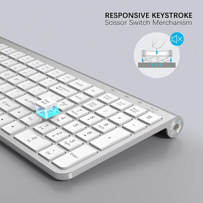 JOYACCESS Wireless Keyboard ErgonomicDustproof2.4G Slim and Compact Quiet Wireless Keyboard with Number Keypad for Windows MacBook Pro/Air Laptop Desktop PC-Sliver&ampWhite