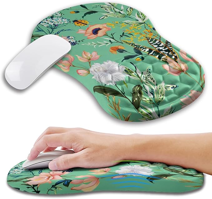 Ergonomic Mouse Pad Wrist Support with Memory Foam Massage Bulge Carpal Tunnel Pain Relief Mousepad Wrist Rest for Mouse(12x8 inch Pink Flowers)