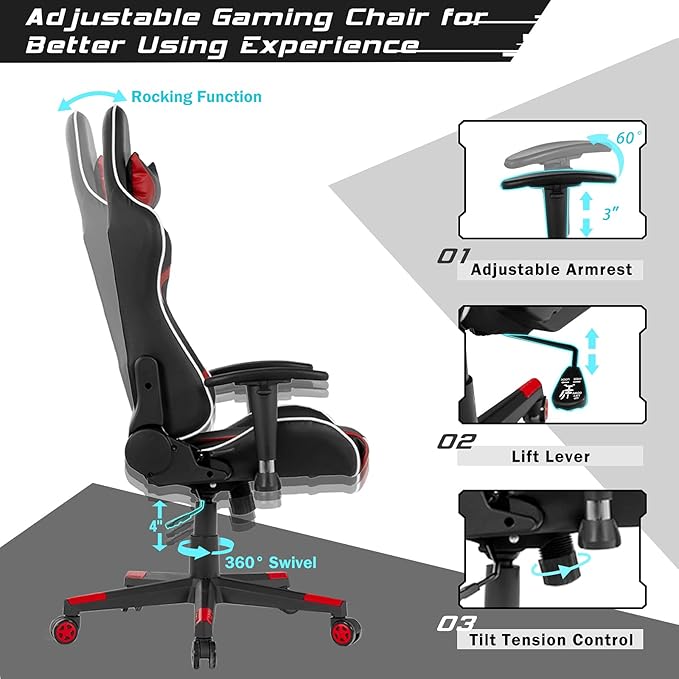GYMAX Gaming Chair Massage Gaming Chairs for Adults with Headrest Lumbar Support &amp Armrest Video Computer Reclining Gaming Chair Office Desk Gamer Task Chair (Red)
