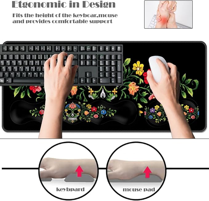 Ergonomic Keyboard Wrist Rest &amp Mouse Pad Wrist Rest SetXL Gaming Desk Mat 31.5x 11.8Non-Slip BaseMemory FoamEasy Typing Pain Relief for Office &amp HomeFloral Skull