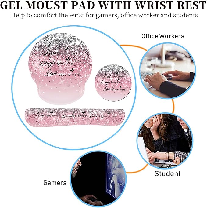 Keyboard Wrist Rest and Mouse Pad Wrist Support Set with CoastersErgonomic Gaming Mousepad for Home Office Working Studying Easy Typing &amp Pain ReliefLive Love Laugh Quote Pink Sparkle Glitter