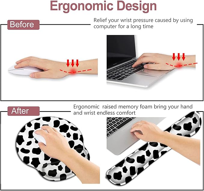 Wireless Mouse Pad with Wrist Support Ergonomic Gel Mouse Pad Keyboard Wrist Rest Soft Memory Foam Keyboard Wrist Pad for Office Typing Desk Pad Black and White Cow Pattern Animal Gaming Mousepad