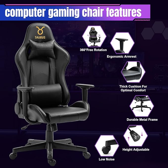 DIKEP Computer Gaming Chair Ergonomic Office Chair with Headrest and Lumbar Support PVC Leather Adjustable Swivel Rolling Chair with Wheels Black