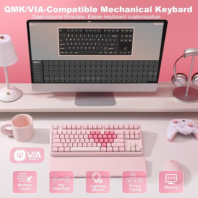 YUNZII B87 Wireless Mechanical KeyboardQMK/VIA ProgrammableTKL Layout 87 KeysBT/2.4G/USB-CHot Swap Gasket Mount RGB Backlit Gaming with Wrist Rest for Win/Mac (Pink Milk V2)