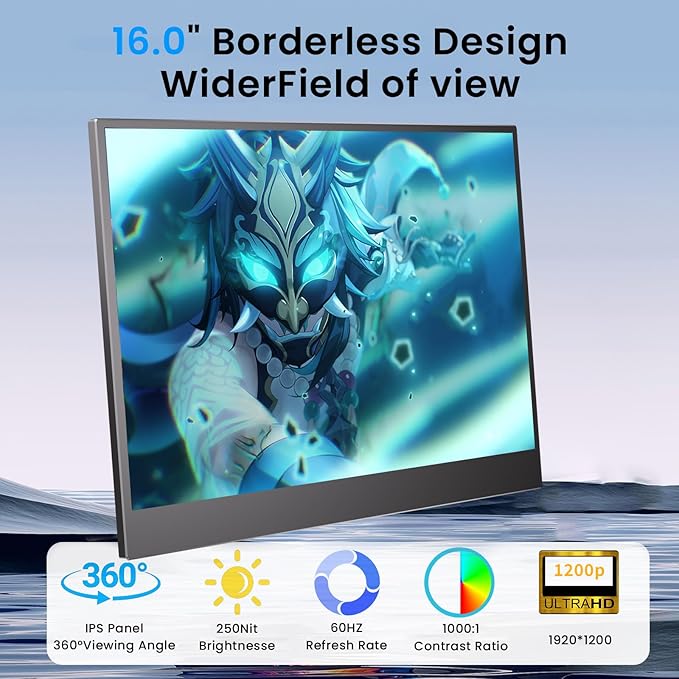 JUSTTHINK 16 Inch 144Hz Portable Gaming Monitor FHD 1200P IPS Laptop Second Screen with Built-in Battery USB-C HDMI Plug &amp Play Ultra Slim Travel Monitor with Stand Cover